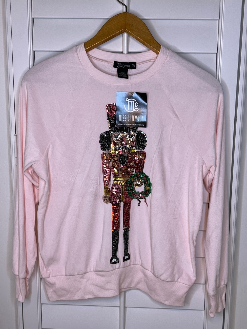 Miss Chievous Pink Sequin Nutcracker Crewneck Sweater M